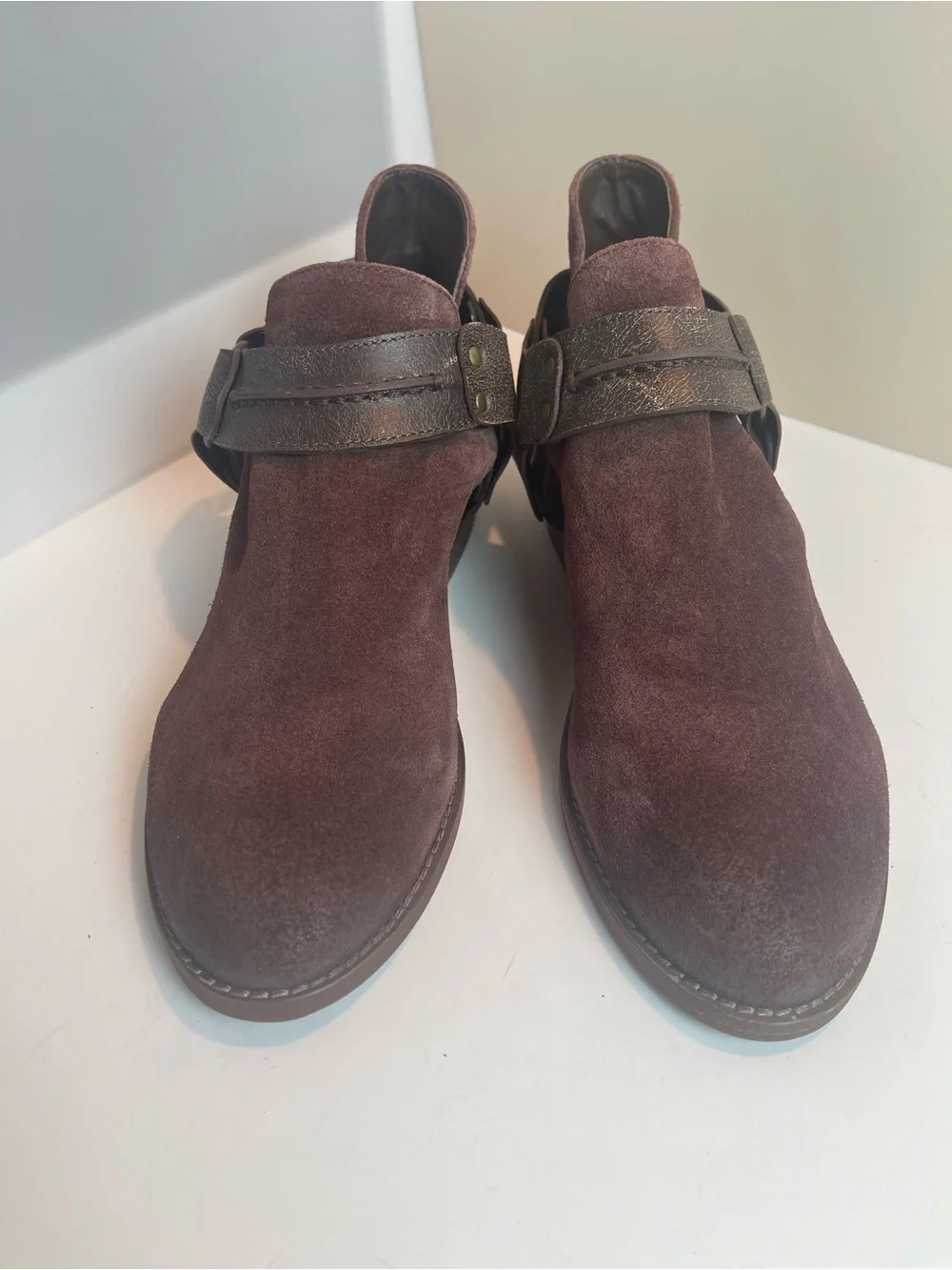 Free People Belle Harness Boots Brown Suede Leather Ankle Booties Buckle Size 8